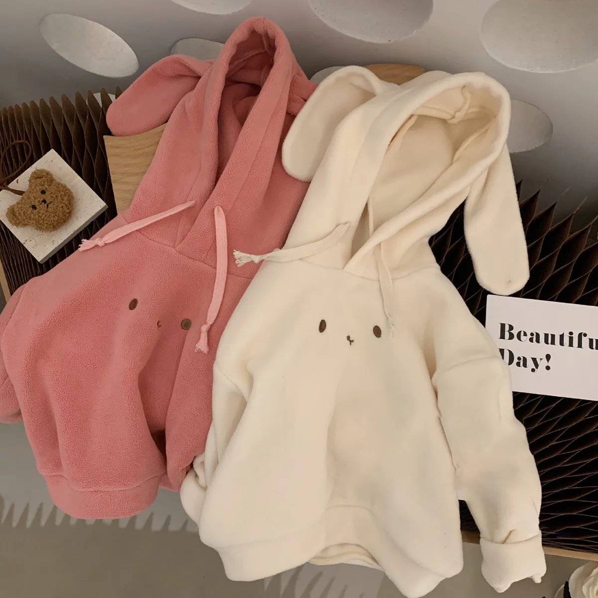 Girls' Fashion Cute Rabbit Ears Double-Sided Polar Fleece Hoodies
