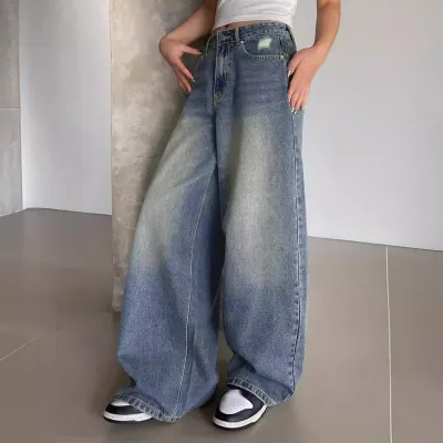 Women's Loose Wide Leg Denim Jeans - High Waist Japanese Korean Leisure Style