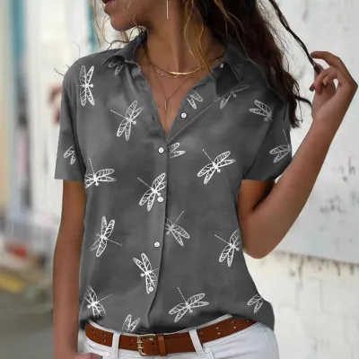 Women Casual Dragonfly Printed Lapel Short-Sleeve Blouse
