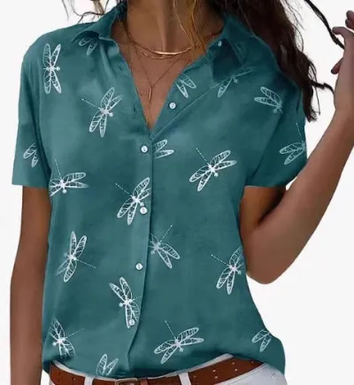 Women Casual Dragonfly Printed Lapel Short-Sleeve Blouse