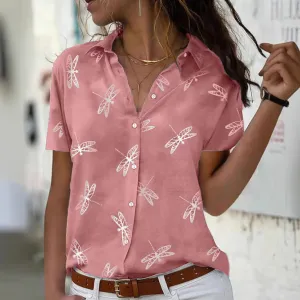 Women Casual Dragonfly Printed Lapel Short-Sleeve Blouse