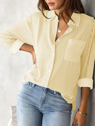 Women Casual Stripe Lapel Long-Sleeved Single Breasted Loose Blouse
