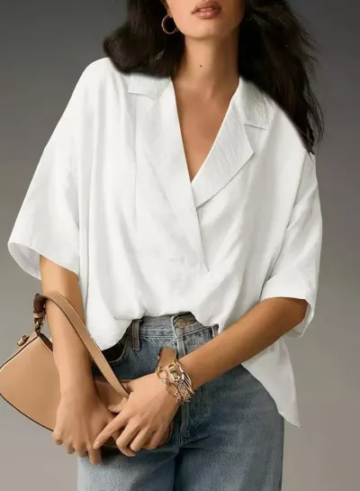 Women Casual Lapel Short-Sleeve Loose Blouse Solid Color Polyester