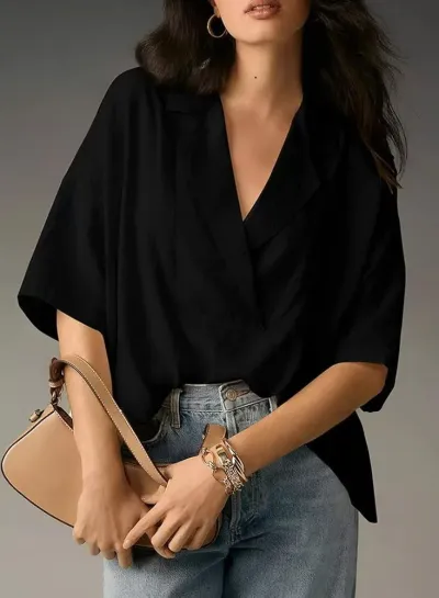 Women Casual Lapel Short-Sleeve Loose Blouse Solid Color Polyester