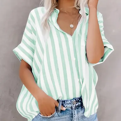 Women Casual Printed Stripe Lapel Short Sleeve Loose Blouse