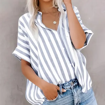 Women Casual Printed Stripe Lapel Short Sleeve Loose Blouse