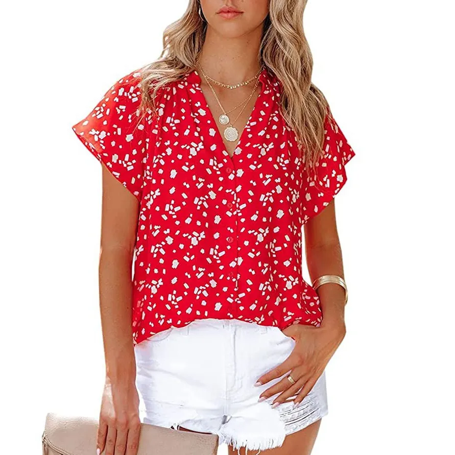 Women Casual Chiffon Printed V-Neck Short Sleeve Blouse