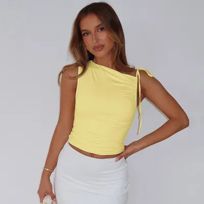 Women Fashion Sexy Solid Color Pleated Oblique Collar Sleeveless Drawstring Crop Top