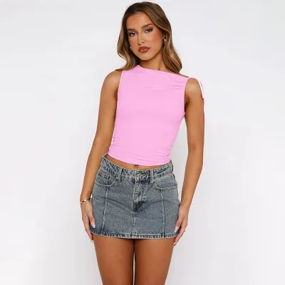 Women Fashion Sexy Solid Color Pleated Oblique Collar Sleeveless Drawstring Crop Top