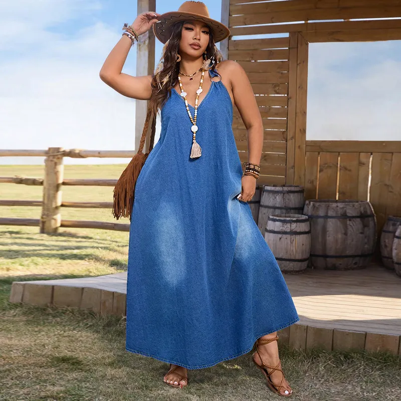 Women Plus Size Sleeveless Denim Dress V-Neck Loose Fit