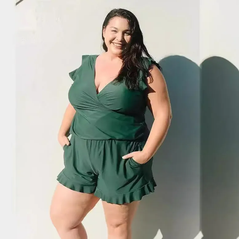 Women Plus Size Sweet Wind Printed V-Neck Edge Curl Sleeveless Rompers