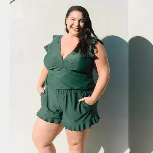 Women Plus Size Sweet Wind Printed V-Neck Edge Curl Sleeveless Rompers