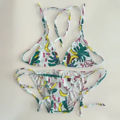 Women Sexy Tiny Flower Print Lace-Up Bikini