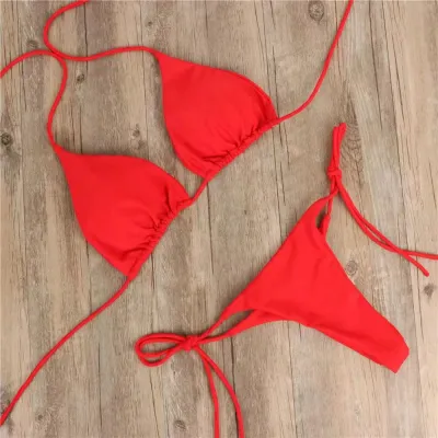 Women Sexy Solid Color Lace-Up Bikini