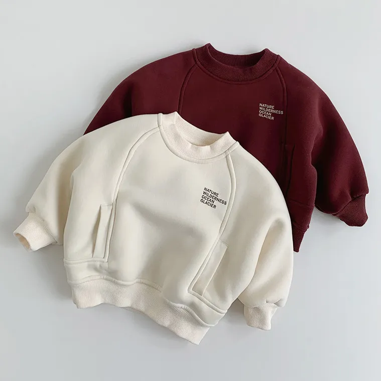Kids Boys Fashion Casual Fleece-Lined Thickened Long-Sleeve Letter Print Pullover Sweatshirt (3-14T)