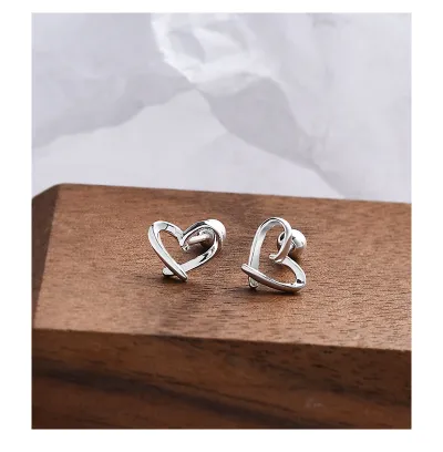 Women Fashion 999 Sterling Silver Hollow-Out Heart-Shaped Earrings