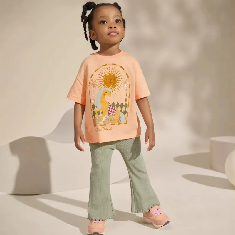 Girls Solid Color Flared Pants Cotton Mid-Waist Long