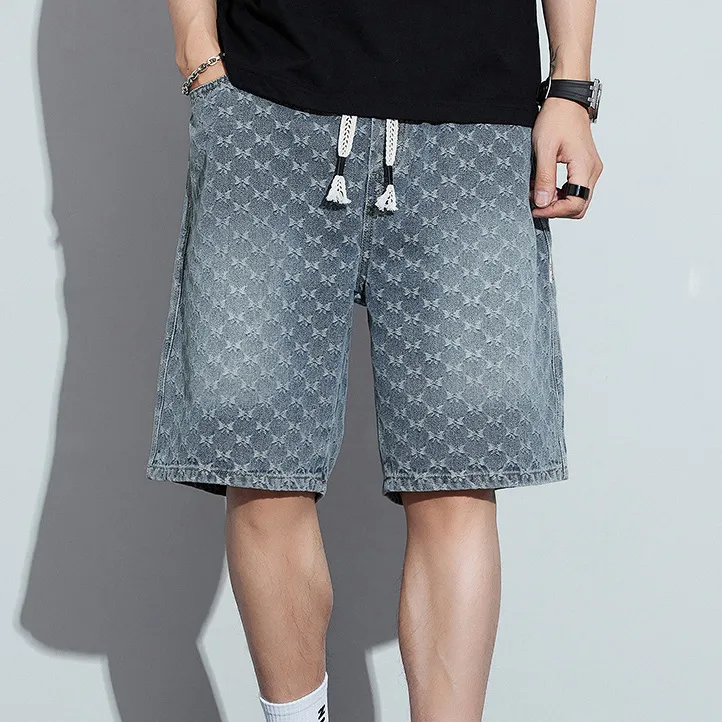 Men's Casual Butterfly Pattern Loose Denim Shorts with Slight Elasticity
