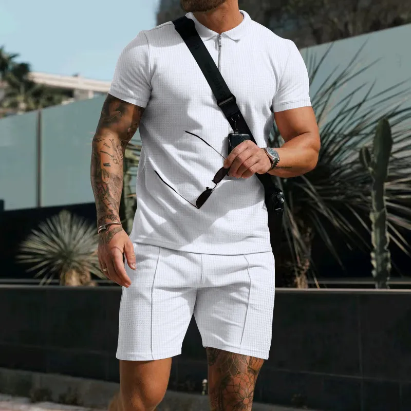 Men's Fashion Casual Solid Color Lapel Zipper Short-Sleeve T-Shirt Loose Shorts Two-Piece Set