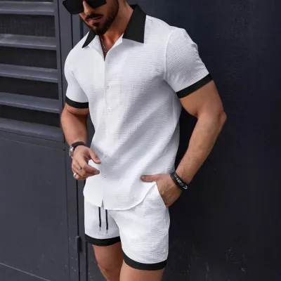 Men Fashion Casual Contrast Color Lapel Short-Sleeve T-Shirt and Loose Shorts Two-Piece Set