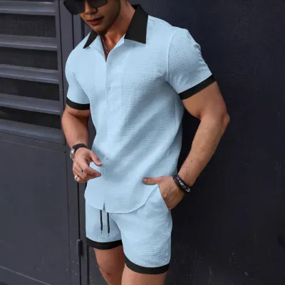 Men Fashion Casual Contrast Color Lapel Short-Sleeve T-Shirt Loose Shorts Two-Piece Set