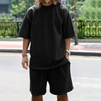 Men Casual Lapel Short-Sleeved Solid Color Waffle Polo Shirt And Shorts Two-Piece Set