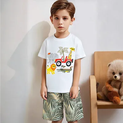 Boys' Fashion Casual Printed Short-Sleeve T-Shirt and Shorts Two-Piece Cotton Set