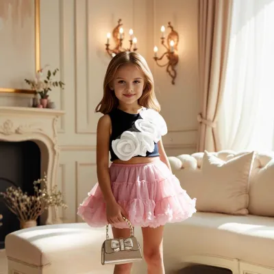 Girl Fashion Flower Decoration Tank Top Tutu Mesh Skirt Two-Piece Set