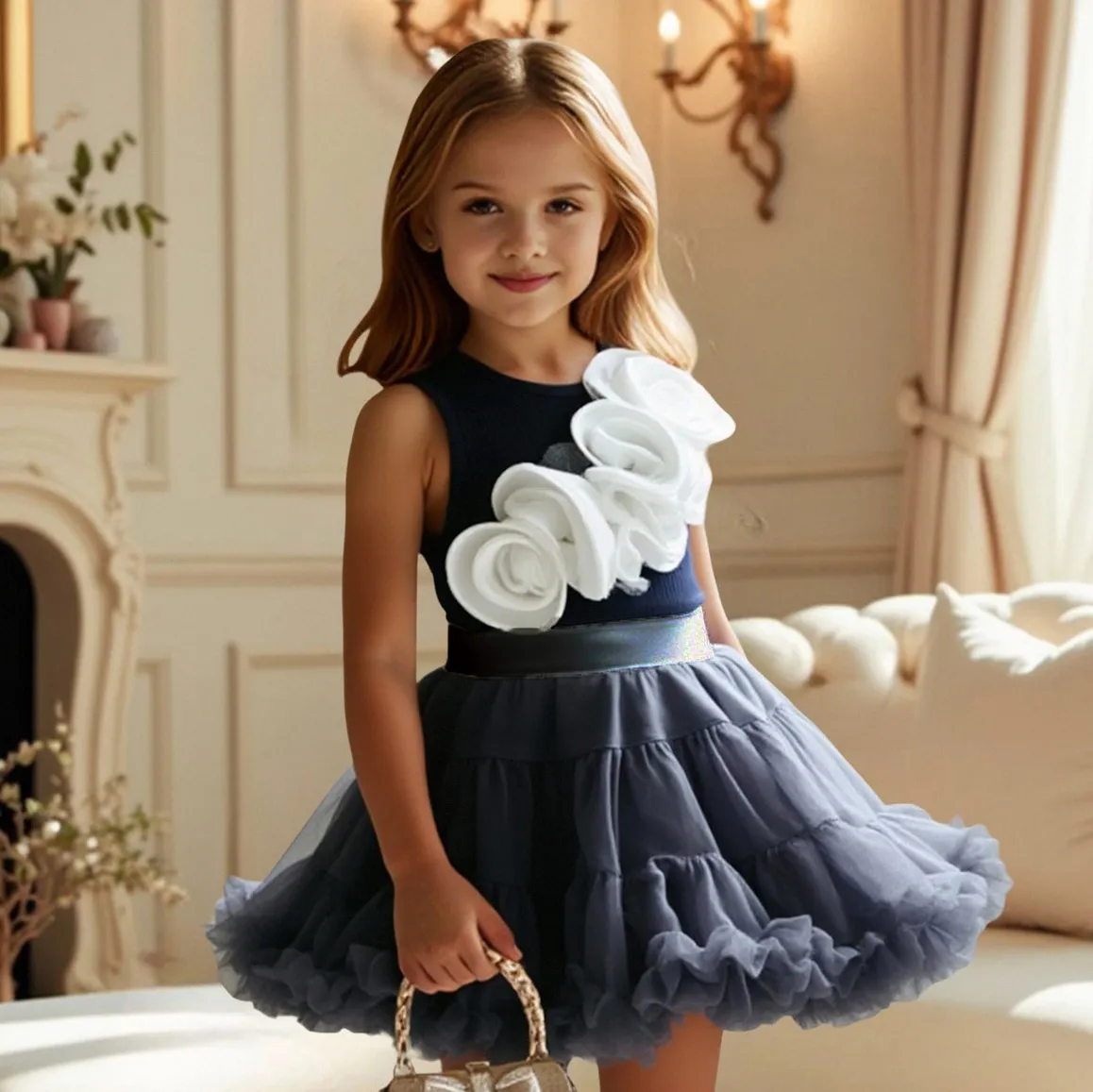 Girl Fashion Flower Decoration Tank Top Tutu Mesh Skirt Two-Piece Set