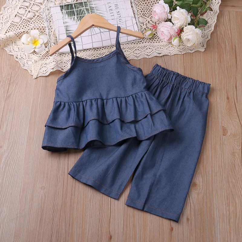 Girls' Fashion Denim Spaghetti Strap Ruffled Camisole Wide Leg Pants Two-Piece Set