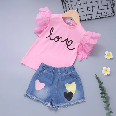 Girls Casual Printed Ruffled Short-Sleeve T-Shirt Love Print Denim Shorts Two-Piece Set