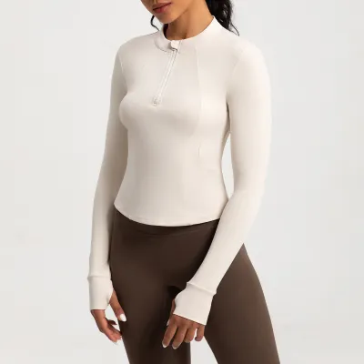 Women's Half-Zipper Tight Yoga Sports Top - Long Sleeve Solid Color Nylon