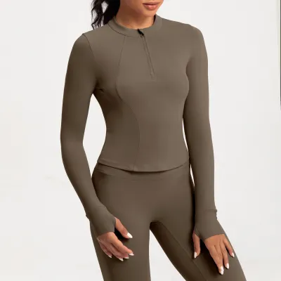 Women's Half-Zipper Tight Yoga Sports Top - Long Sleeve Solid Color Nylon