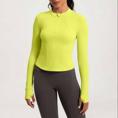 Women's Half-Zipper Tight Yoga Sports Top - Long Sleeve Solid Color Nylon