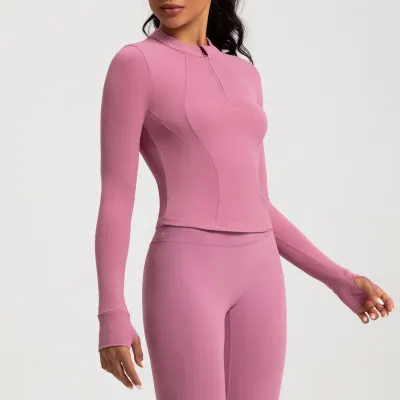 Women's Half-Zipper Tight Yoga Sports Top - Long Sleeve Solid Color Nylon