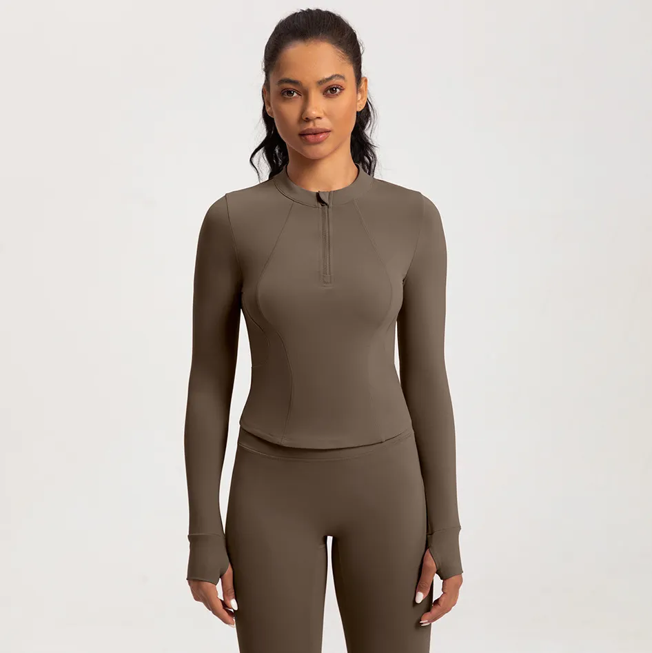 Women's Half-Zipper Tight Yoga Sports Top - Long Sleeve Solid Color Nylon