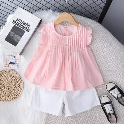 Girls Casual Floral Pleated Sleeveless Tank Top Loose Shorts Two-Piece Set Cotton