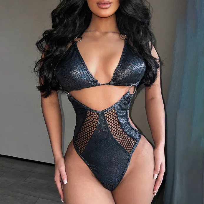 Women Fashion Sexy Black Snakeskin Hollow-Out Halter-Neck Lace-Up Bikini Swimsuit