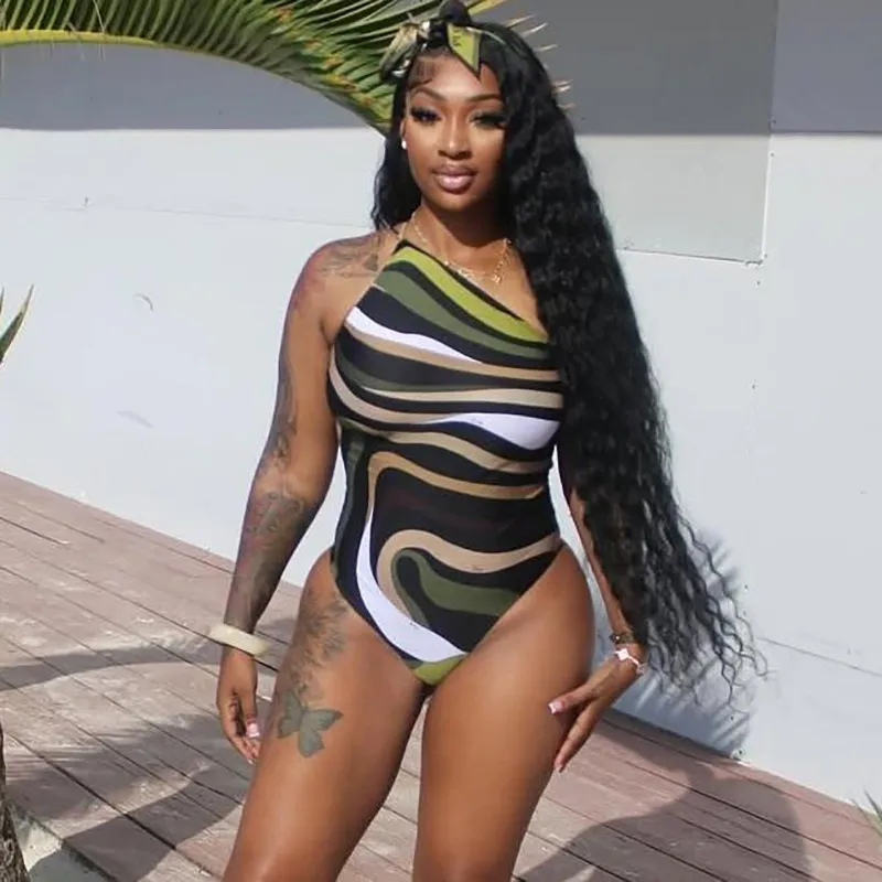 Women Fashion Sexy Digital Printing Sleeveless Lace-Up Backless Tight One-Piece Swimsuit