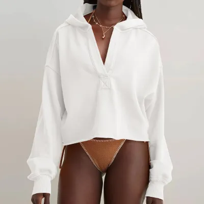 Women Fashion Simple Solid Color V-Neck Long Sleeve Loose Hoodies