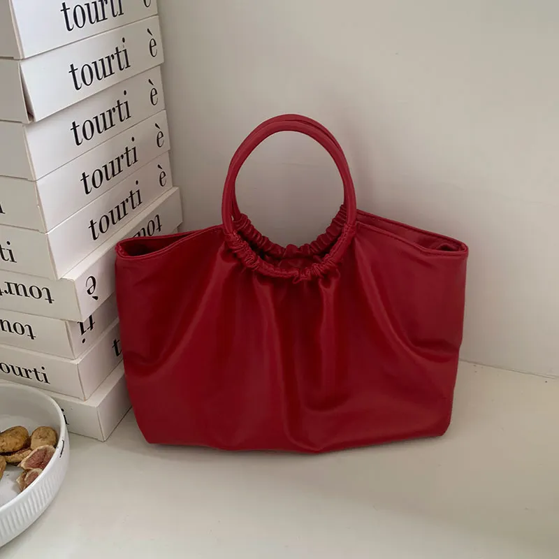 Women Fashion Simple Solid Color Pleated Large Capacity Handbag PU Leather Tote