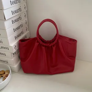 Women Fashion Simple Solid Color Pleated Large Capacity Handbag PU Leather Tote