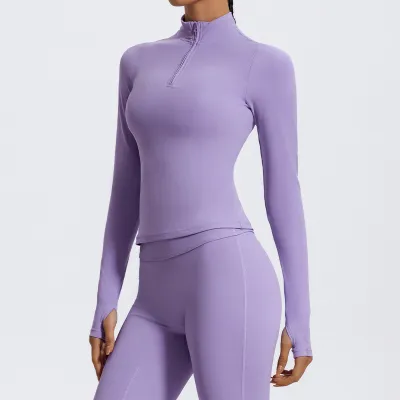 Women's Half-Zipper Long-Sleeve Yoga Sports Top in Solid Color