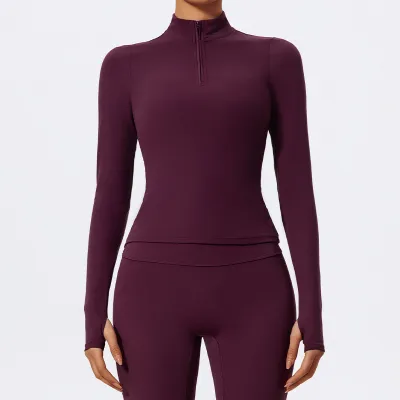 Women's Half-Zipper Long-Sleeve Yoga Sports Top in Solid Color