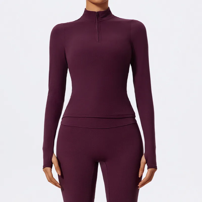 Women's Half-Zipper Long-Sleeve Yoga Sports Top in Solid Color