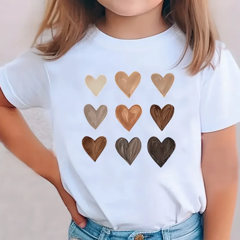 Girls Gradient Love Heart Pattern Printed Round Neck Short Sleeve T-Shirt Kids Casual Tee