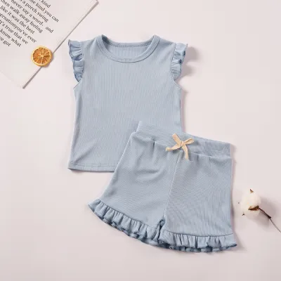 Girls Summer Basic Solid Color Casual Cap Sleeve Top Shorts Set