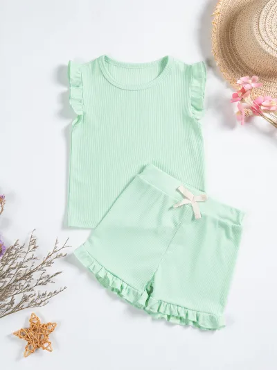 Girls Summer Basic Solid Color Casual Cap Sleeve Top Shorts Set