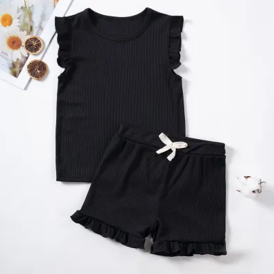 Girls Summer Basic Solid Color Casual Cap Sleeve Top Shorts Set