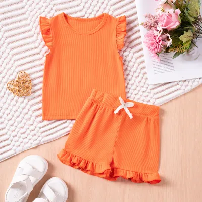 Girls Summer Basic Solid Color Casual Cap Sleeve Top Shorts Set